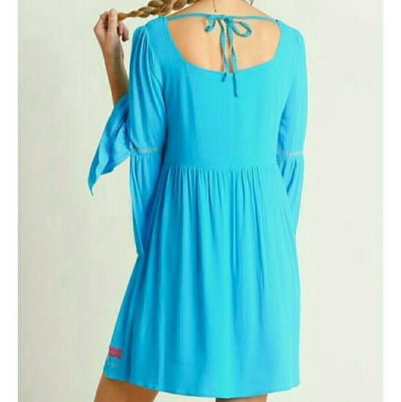 BOHO turquoise Embroidered bell sleeve dress NWT - Picture 2 of 7